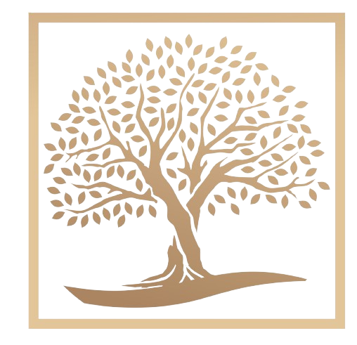 Illustration of a symmetrical tree with many leaves, framed by a square border on a black background.