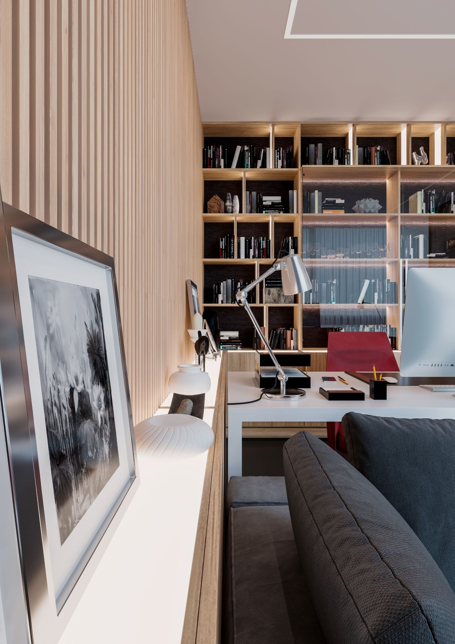 Modern office with bookshelves and desk